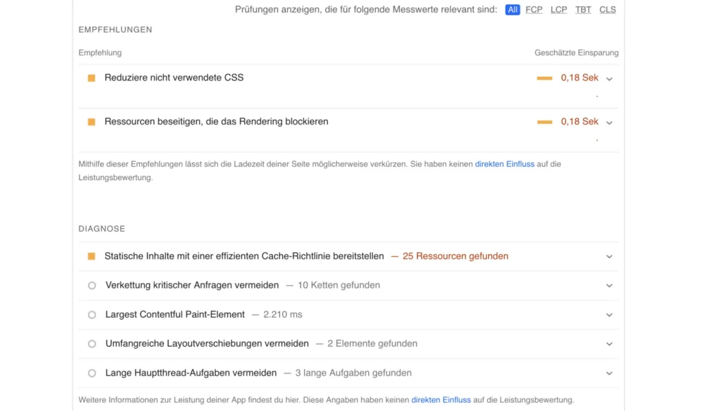 Ranking - Pagespeed Insights Diagnose mobil