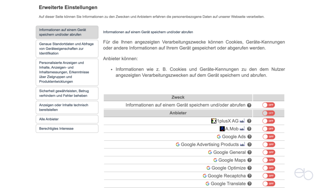 Cookies - Beispiel B für ein Cookie Consent Tool