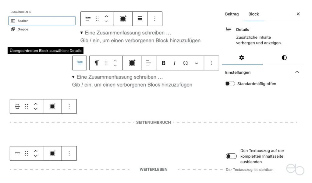 Gutenberg Tutorial 6 - Layout Elemente: Details, Seitenumbruch und Weiterlesen