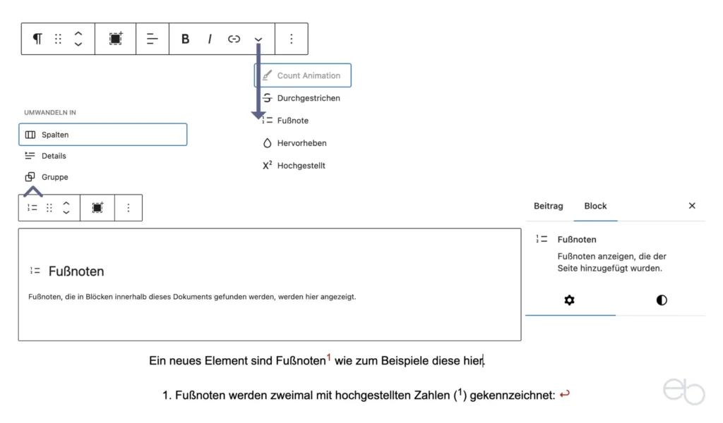 Gutenberg Tutorial 6 - Layout Element: Fußnoten