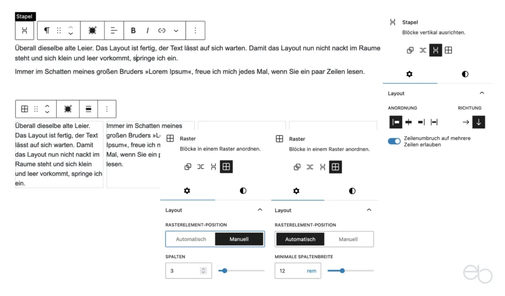 Gutenberg Tutorial 6 - Layout Elemente: Gruppe, Stapel und Raster