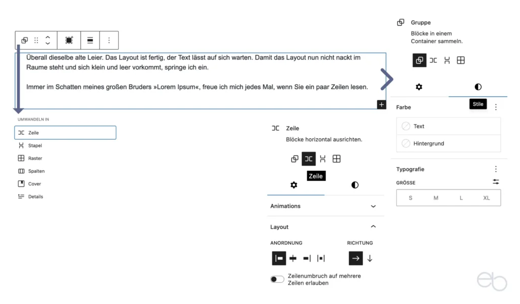 Gutenberg Tutorial 6 - Lay Elemente: Gruppe, Zeile