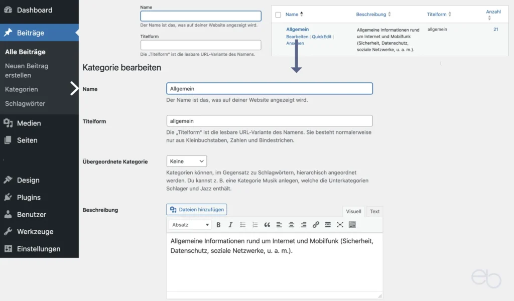 WOrdPress Tutorial Teil 8 - WordPress Seiten: Kategorie bearbeiten
