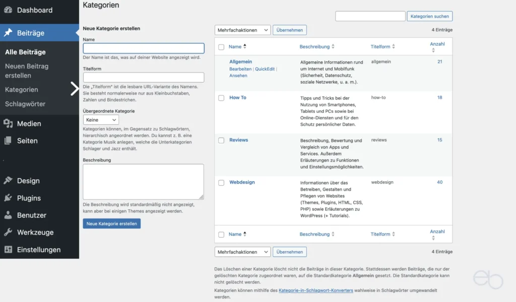 WordPress Tutorial Teil 8 - WordPress Seiten: Kategorien-Liste