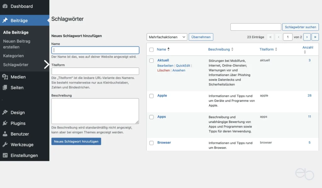 WordPress Tutorial Teil 8 - WordPress Seiten: Schlagwörter-Liste
