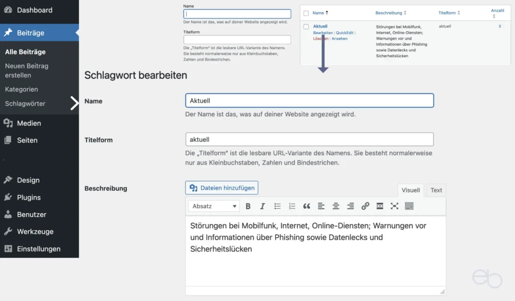 WordPress Tutorial Teil 8 - WordPress Seiten: Schlagwort bearbeiten