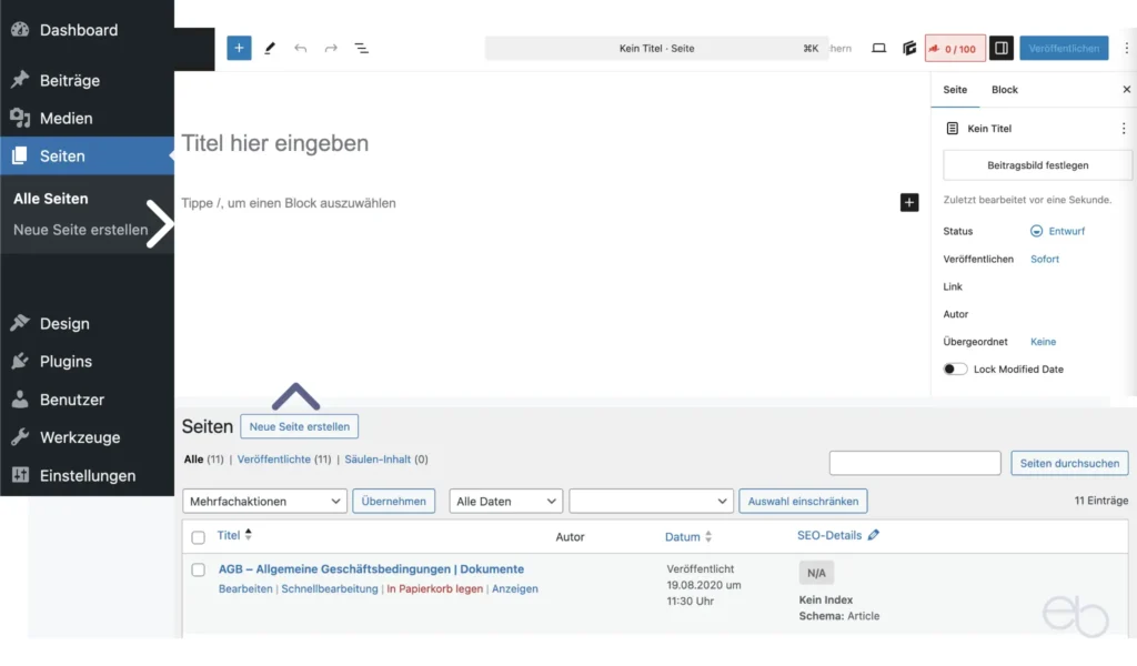 WordPress Tutorial Teil 8 - WordPress Seiten: Übersicht und Seite erstellen