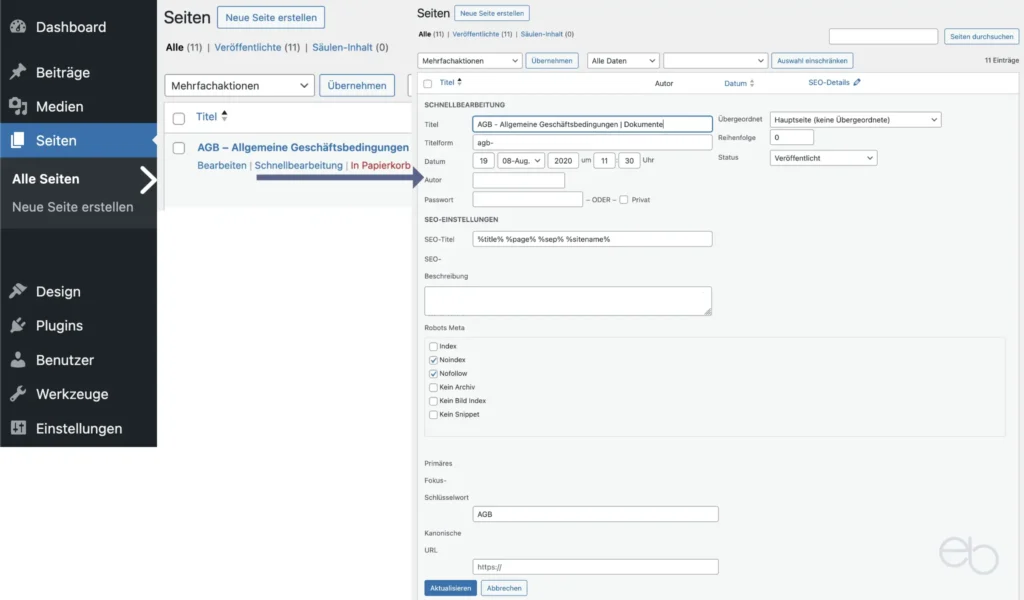 WordPress Tutorial Teil 8 - WordPress Seiten: Schnellbearbeitung von Seiten