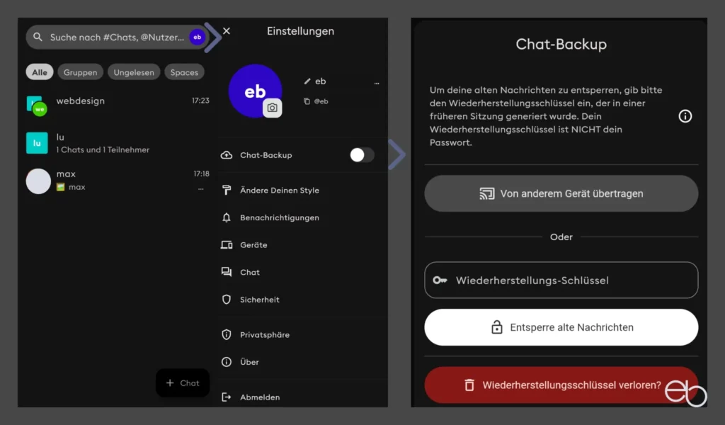 luckychat und luckymeet - Chat-App und Chat-Backup mitWiederherstellungs-Schlüssel