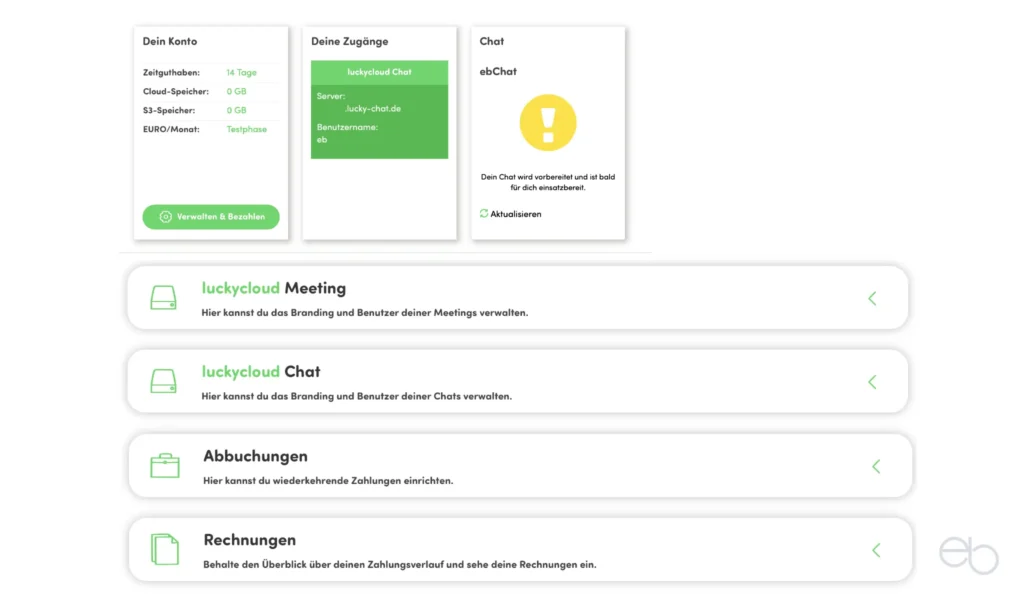 Dashboard zur Verwaltung von luckychat und luckymeet 