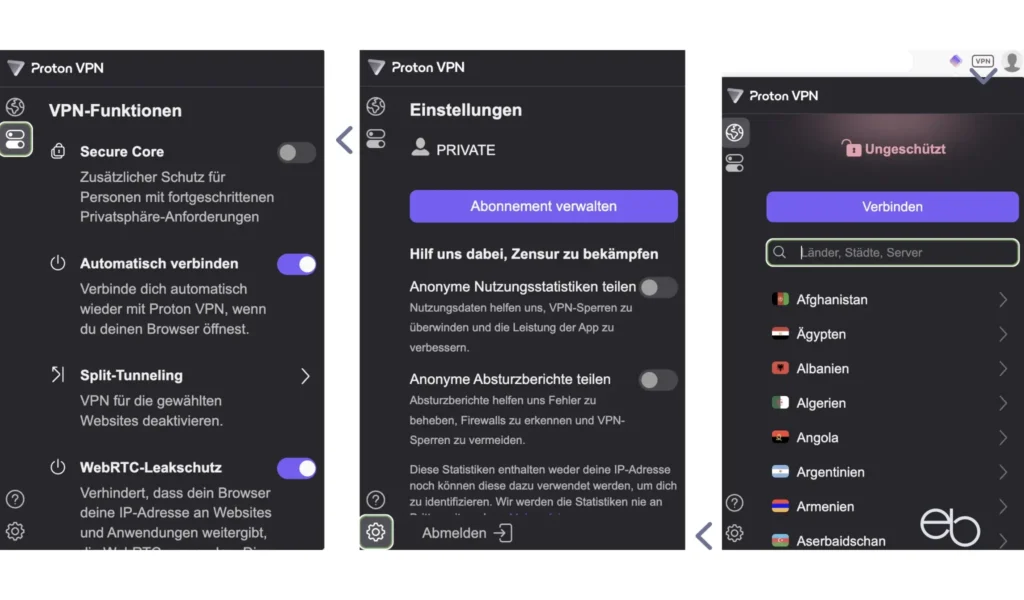 Proton VPN als Browser-Erweiterung - Einstellungen