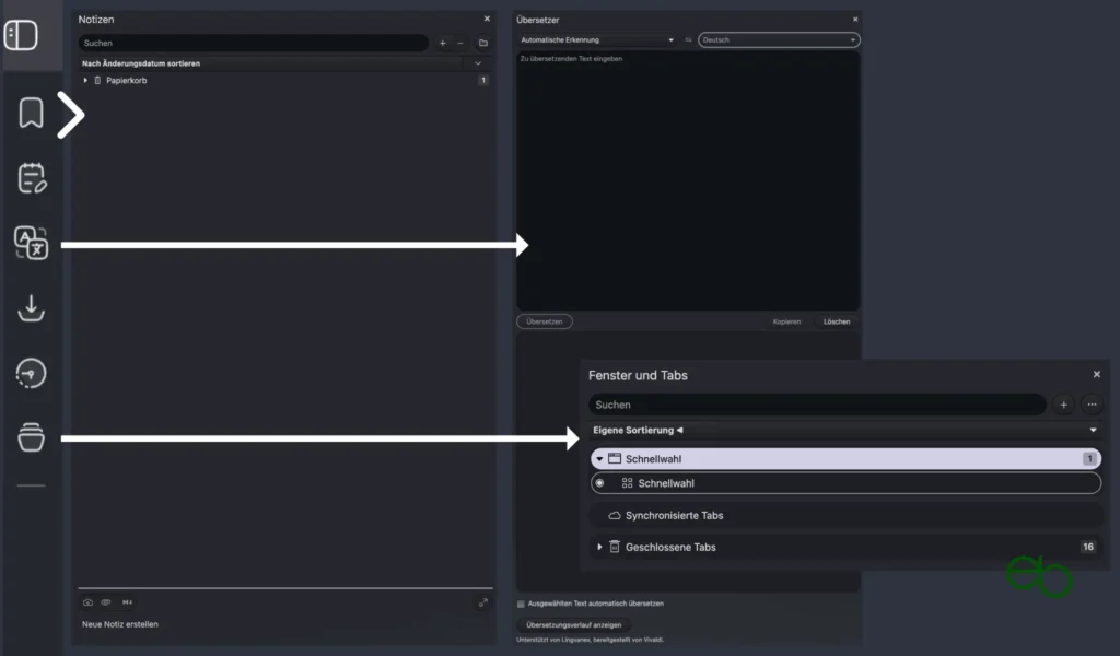 Vivaldi Browser - Notizen, Übersetzer, Fenster und Tabs
