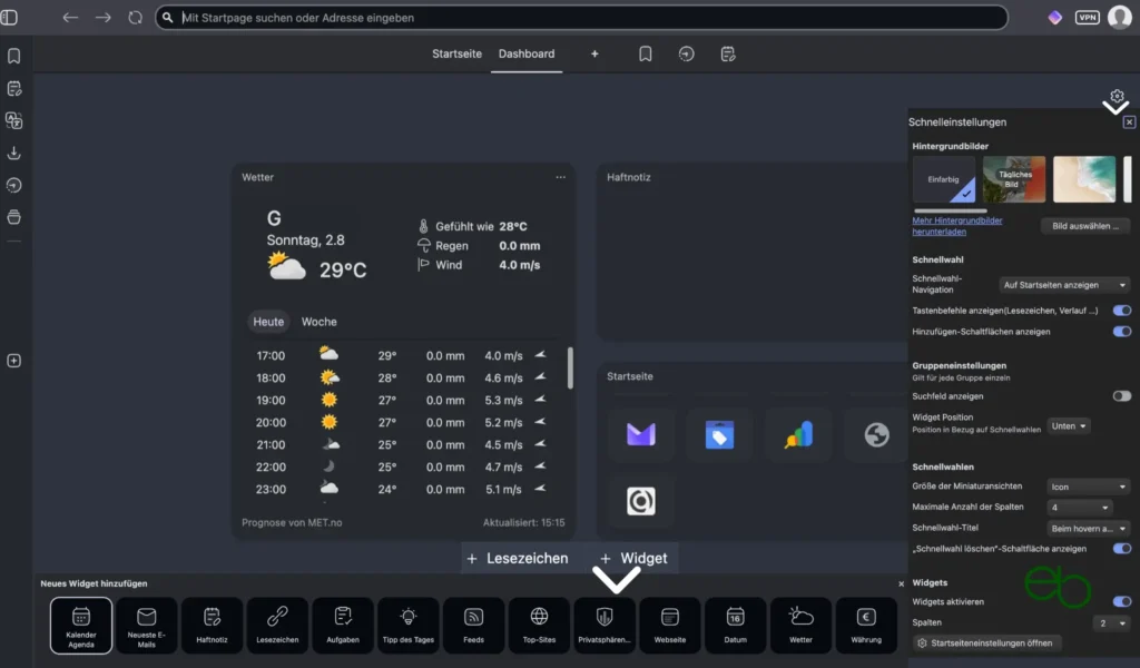 Vivaldi Browser - Startfenster mit Dashboard