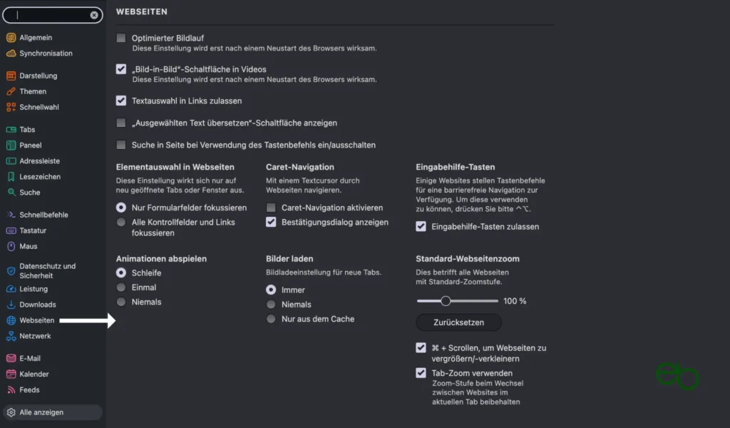 Vivaldi Browser - Einstellungen für Webseiten